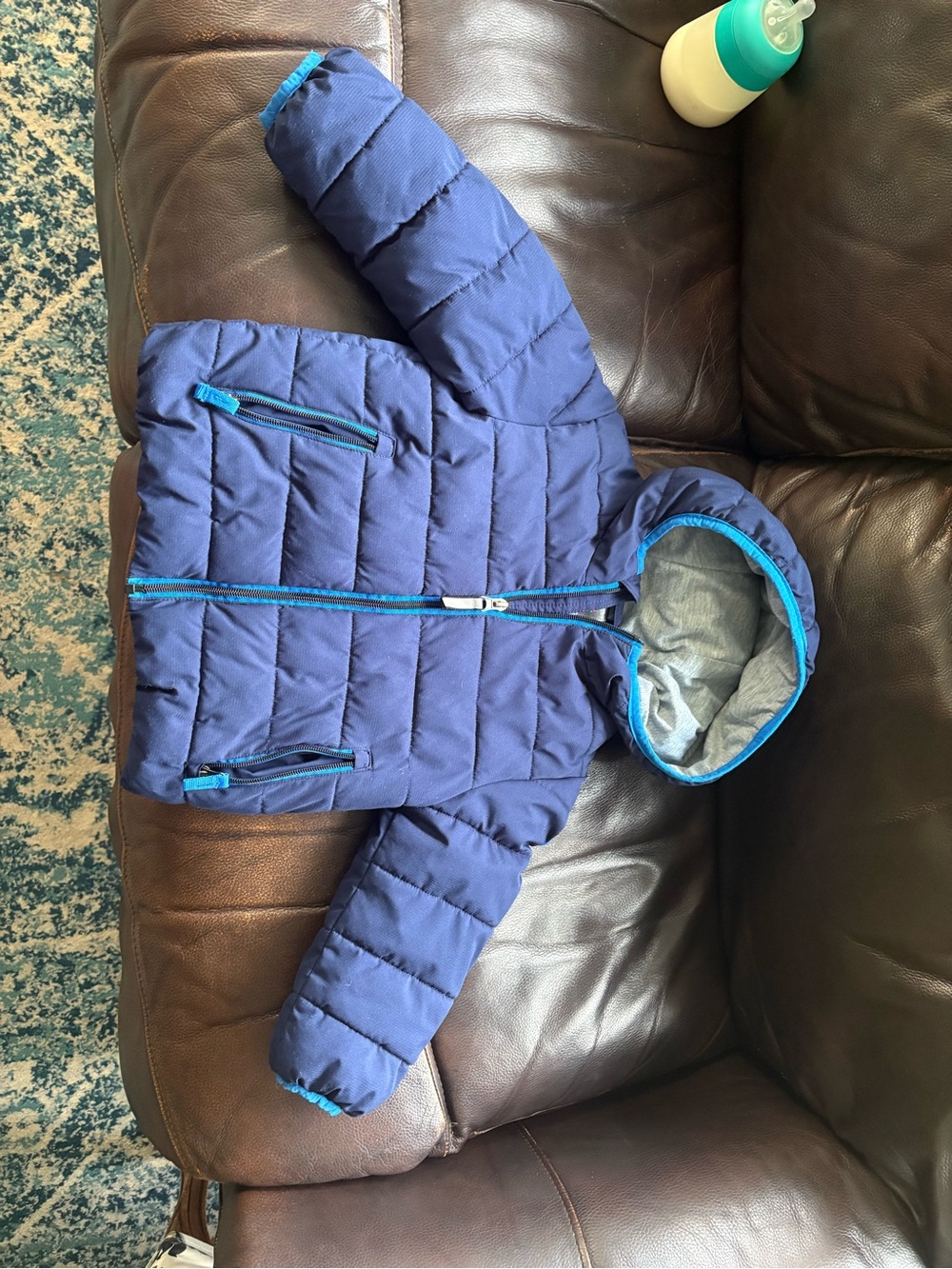 Toddler Blue Hooded Puffer Jacket with Contrast Zippers